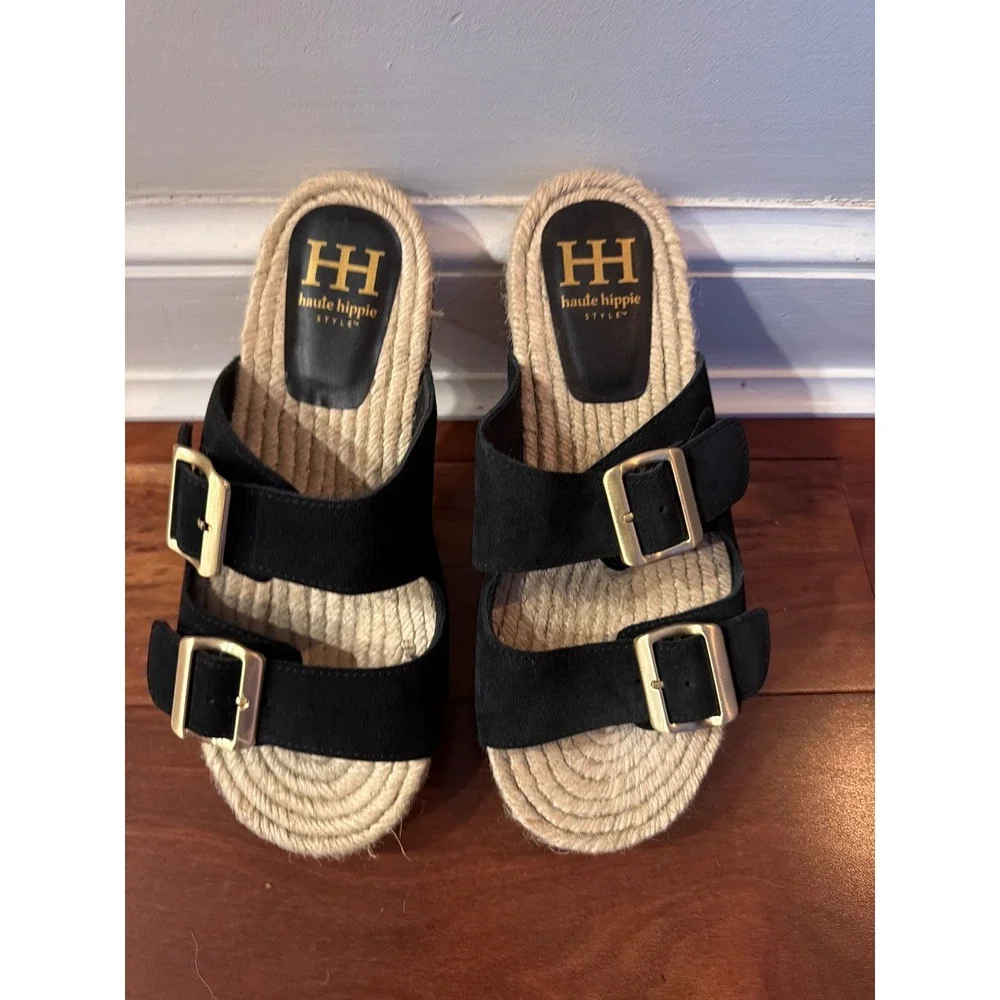 Haute Hippie Style Black Suede Espadrille Buckle Slide Sandals Womens 9M NIKKU
